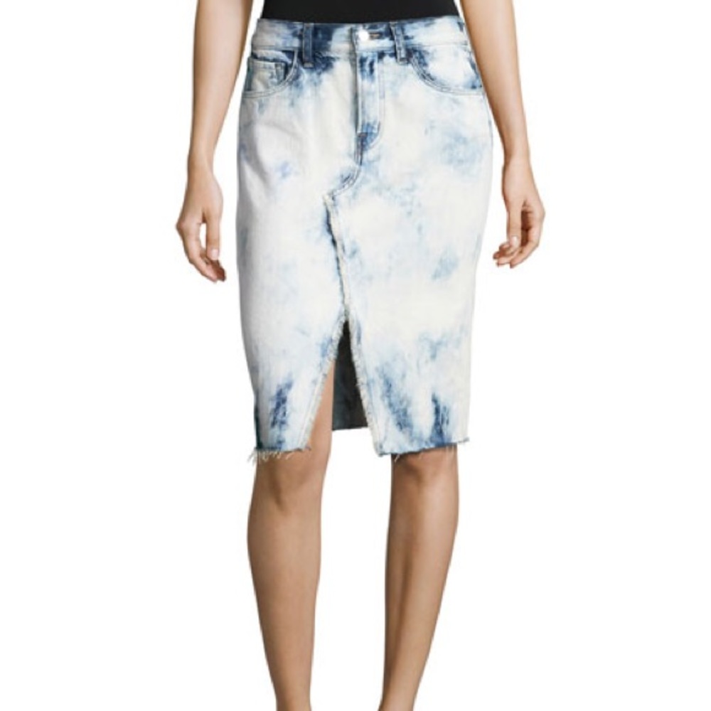 Trystan Bleached Denim Midi Skirt with Raw Hem, Size 25